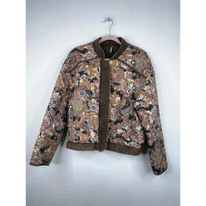 Free People Paisley Print Cotton Quilted Bomber Jacket Brown Great Escape Small